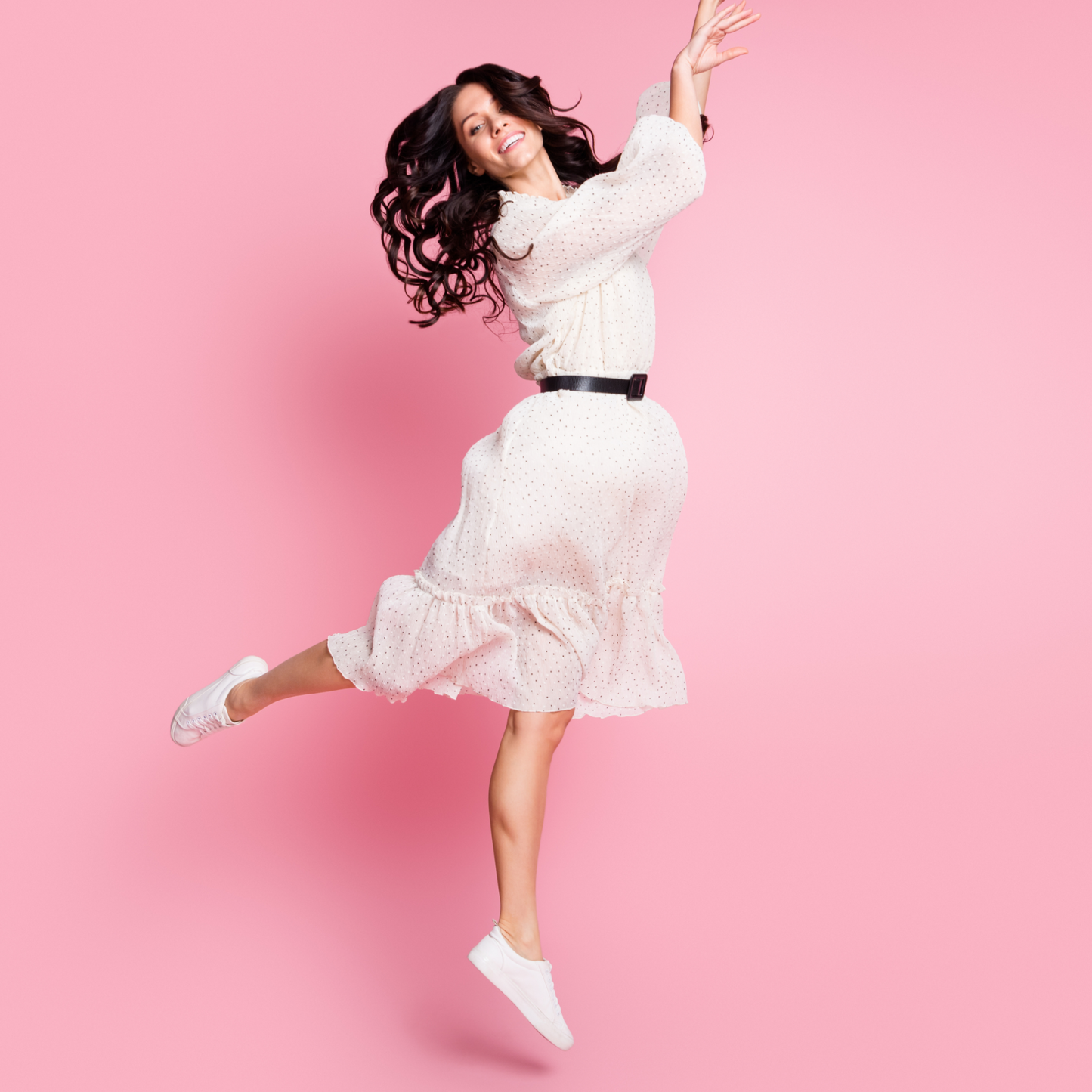 White Flowy Dress with Black Belt